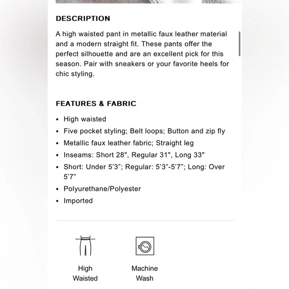 Express Silver High Waisted Metallic Faux Leather Modern Straight Pant NEW - Picture 6 of 7